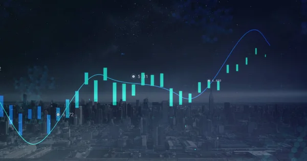 Composite Image Statistical Data Processing Aerial View Cityscape Night Business — Stok fotoğraf