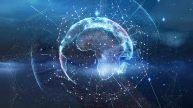 Donanmanın arka planında insan siluetiyle bağlantıların ve dünyanın animasyonu. küresel ağ, bağlantılar ve teknoloji konsepti dijital olarak oluşturulmuş video.