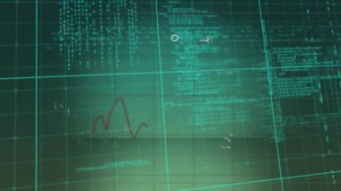 Yeşil arka plandaki finansal veriler üzerinde entegre devreli dijital asma kilit animasyonu. küresel internet güvenliği, veri işleme, bağlantılar ve dijital arayüz kavramı dijital olarak oluşturuldu