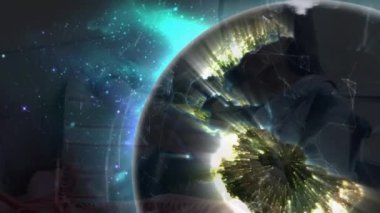 Donanmanın arka planında insan siluetiyle bağlantıların ve dünyanın animasyonu. küresel ağ, bağlantılar ve teknoloji konsepti dijital olarak oluşturulmuş video.