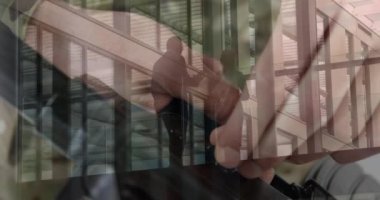 Animation of people in the office over gun. global business, success, connections and data processing concept digitally generated video.