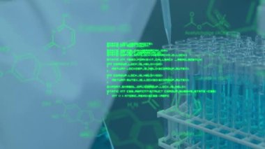 Laboratuvardaki bilim adamının veri işleme animasyonu. küresel bilim ve dijital arayüz kavramı dijital olarak oluşturulmuş video.