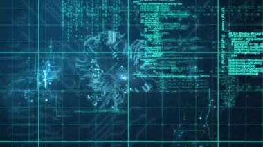 Mavi arka planda entegre devre ile veri işleme ve beyin animasyonu. küresel internet güvenliği, veri işleme, bağlantılar ve dijital arayüz konsepti dijital olarak oluşturulmuş video.