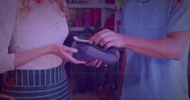 Animation of financial data processing over caucasian people using payment terminal. global business, finances, data processing and digital interface concept digitally generated video.