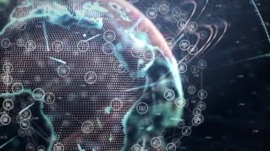 Dünya üzerindeki simgelerle bağlantı ağının animasyonu. küresel iş, bağlantılar ve teknoloji konsepti dijital olarak oluşturulmuş video.