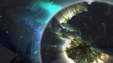 Gece gökyüzünde bağlantıların ve dünyanın animasyonu. küresel ağ, bağlantılar ve teknoloji konsepti dijital olarak oluşturulmuş video.