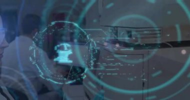 Animation of online security padlock and scope over caucasian female scientist. global sceince, healthcare services, connections and data processing concept digitally generated video.