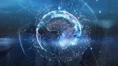 Donanmanın arka planında insan siluetiyle bağlantıların ve dünyanın animasyonu. küresel ağ, bağlantılar ve teknoloji konsepti dijital olarak oluşturulmuş video.