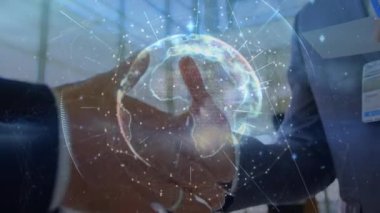 Kafkasyalı iş adamlarının elleri üzerinde bağlantıların ve dünyanın animasyonu el sıkışıyor. küresel iş, bağlantılar ve veri işleme kavramı dijital olarak oluşturulmuş video.