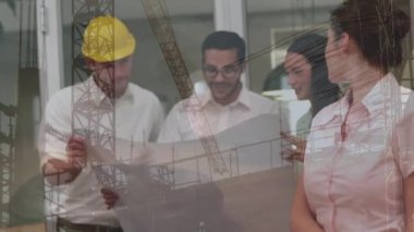 Kafkasyalı bir grup mühendis üzerinde bir inşaat alanının animasyonu. küresel iş, mühendislik, bağlantılar ve teknoloji konsepti dijital olarak oluşturulmuş video.