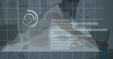 Animation of statistics and data processing over biracial businesswoman using tablet. global business, finance and data processing concept digitally generated video.