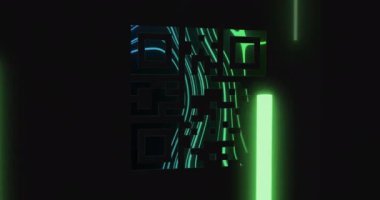 Neon geometrik şekiller üzerinde qr kodu animasyonu. küresel veri işleme, teknoloji ve bağlantılar konsepti dijital olarak oluşturulmuş video.