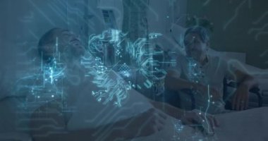 Animation of computer circuit board brain and connections over caucasian male patients. global medicine, healthcare services, connections and data processing concept digitally generated video.