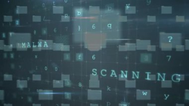 Siyah arkaplan üzerinde tarama, uyarı ve dijital asma kilit animasyonu. küresel internet güvenliği, veri işleme, bağlantılar ve dijital arayüz konsepti dijital olarak oluşturulmuş video.