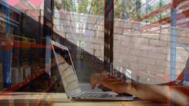 Анимация Двуличной Женщины Использующей Ноутбук Над Складом Глобальная Доставка Доставка — стоковое видео