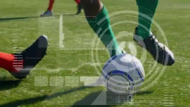 Animation Der Datenverarbeitung Über Verschiedene Fußballspieler Hintergrund Globales Sport Wettbewerbs — Stockvideo