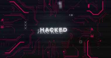 Hacklenmiş metin, veri işleme ve bilgisayar devre kartı üzerindeki parazit görüntüsü. küresel teknoloji, bilgisayar ve dijital arayüz kavramı dijital olarak oluşturulmuş görüntü.