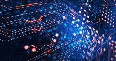 Bilgisayar devre kartında hareket eden ışık izlerinin görüntüsü. küresel hesaplama ve veri işleme kavramı dijital olarak oluşturulmuş resim.