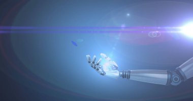 Robot kolunun üzerinde mavi ışık ve mercek parlaması, mavi arkaplanda titreşimli ışık. Elektrik mühendisliği teknolojisi, iletişim ve araştırma konsepti dijital olarak oluşturulmuş görüntü.