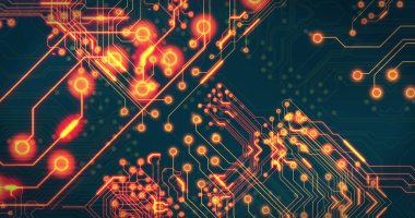 Siyah arkaplan üzerinde teknoloji devresi görüntüsü. küresel teknoloji ve dijital arayüz kavramı dijital olarak oluşturulmuş görüntü.