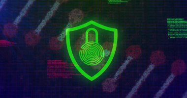 DNA türü ve veri işleme üzerine kalkan içinde değişen renk labirentinin resmi. Dijital çevrimiçi güvenlik arayüzü kavramı dijital olarak oluşturuldu