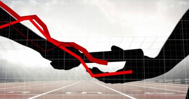 Kırmızı grafikler ağ üzerinden el siluetine karşı hareket ediyor ve beyzbol sopasını spor sahasına geçiriyor. Spor yarışması ve turnuva konsepti