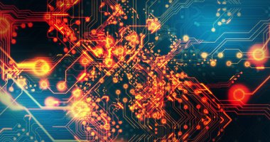 Siyah arkaplan üzerinde teknoloji devresi görüntüsü. küresel teknoloji ve dijital arayüz kavramı dijital olarak oluşturulmuş görüntü.