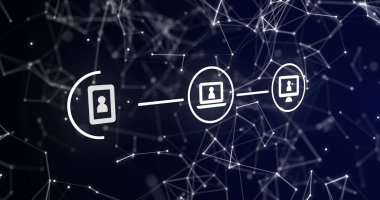 Siyah arkaplan üzerindeki simgelerle bağlantı ağının resmi. küresel iletişim, veri işleme ve dijital arayüz kavramı, dijital olarak oluşturulmuş resim.