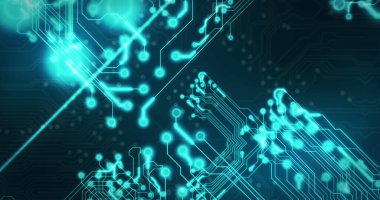 Siyah arkaplan üzerinde teknoloji devresi görüntüsü. küresel teknoloji ve dijital arayüz kavramı dijital olarak oluşturulmuş görüntü.