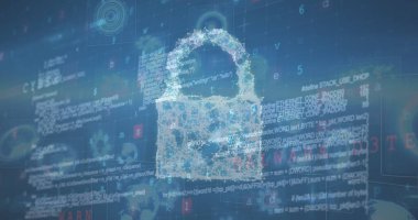Karanlık arka plandaki veri işleme üzerindeki asma kilit görüntüsü. küresel iletişim ve veri güvenliği konsepti dijital olarak oluşturulmuş görüntü.