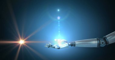 Koyu arkaplanda uzanan robot kolun üzerinde parlayan ışıklar. Elektrik mühendisliği teknolojisi, iletişim ve araştırma konsepti dijital olarak oluşturulmuş görüntü.