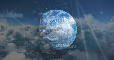Multiple changing numbers and network of connections against globe and clouds in the sky. global networking and technology concept
