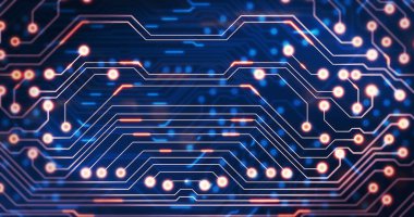 Bilgisayar devre kartında hareket eden ışık izlerinin görüntüsü. küresel hesaplama ve veri işleme kavramı dijital olarak oluşturulmuş resim.