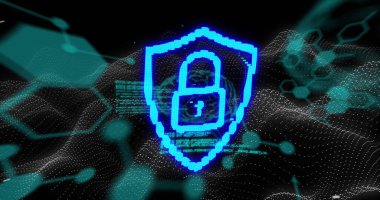 Kimyasal yapılar ve dijital dalgalara karşı veri işleme üzerine Neon güvenlik asma kilit simgesi. siber güvenlik ve tıbbi araştırma teknolojisi kavramı