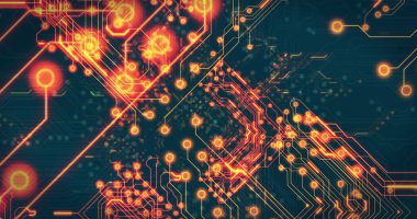 Siyah arkaplan üzerinde teknoloji devresi görüntüsü. küresel teknoloji ve dijital arayüz kavramı dijital olarak oluşturulmuş görüntü.