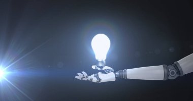 Robot kolunun üzerinde yanan ampulün görüntüsü, koyu arkaplanda hareket eden ışıkla. Elektrik mühendisliği teknolojisi, iletişim ve araştırma konsepti dijital olarak oluşturulmuş görüntü.