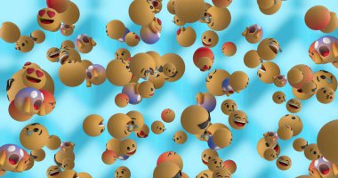 Birden fazla emojinin mavi arka planda düşüşü. Sosyal medya ve iletişim konsepti dijital olarak oluşturuldu.