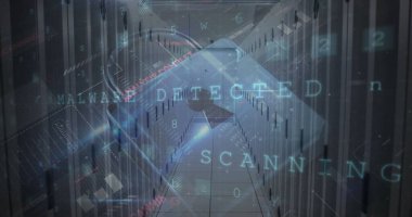 Sunucu odasının üzerindeki dijital veri işleme ve güvenlik kilidinin resmi. küresel iletişim ve veri güvenliği konsepti dijital olarak oluşturulmuş görüntü.