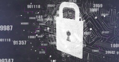 Mikroişlemci bağlantılarına karşı güvenlik kilidi simgesine karşı çoklu değişen sayıların dijital görüntüsü. bilgisayar arayüzü ve siber güvenlik kavramı