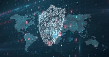 Güvenlik kalkanı simgesi ve siber güvenlik veri işlemesi mavi arka planda dünya haritasına karşı. siber güvenlik ve teknoloji kavramı