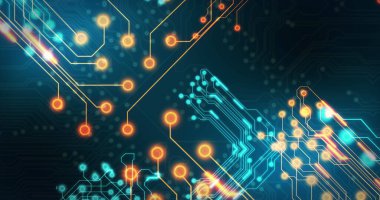 Siyah arkaplan üzerinde teknoloji devresi görüntüsü. küresel teknoloji ve dijital arayüz kavramı dijital olarak oluşturulmuş görüntü.