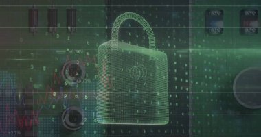 Siyah arkaplanda güvenlik kilidi ve veri işleme görüntüsü. küresel iletişim ve veri güvenliği konsepti dijital olarak oluşturulmuş görüntü.