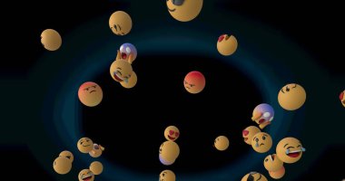 Koyu arkaplanda birden fazla emoji resmi var. Sosyal medya ve iletişim konsepti dijital olarak oluşturuldu.