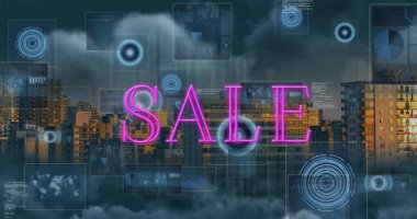 Şehir manzarası üzerinde satılık metin ve veri işleme resmi. Sosyal medya ve iletişim arayüzü kavramı dijital olarak oluşturulmuş görüntü.