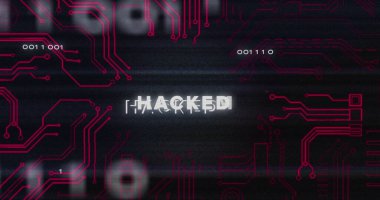 Hacklenmiş metin, veri işleme ve bilgisayar devre kartı üzerindeki parazit görüntüsü. küresel teknoloji, bilgisayar ve dijital arayüz kavramı dijital olarak oluşturulmuş görüntü.