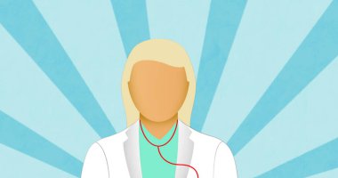 Mavi arkaplandaki çizgilerin üzerindeki doktor simgesi. Tıbbi ve sağlık hizmetleri iletişim teknolojisi konsepti dijital olarak oluşturulmuş görüntü.