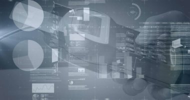 Beyaz adamın ödeme terminalini elinde tutan grafiklerin ve finansal verilerin resmi. finans, ekonomi, temassız ödemeler ve dijital olarak üretilen teknoloji konsepti.