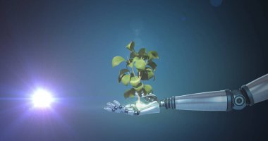 Genişletilmiş robot kollu, koyu arkaplanda hareket eden ışığı olan bitki yetiştirme görüntüsü. Elektrik mühendisliği teknolojisi, iletişim ve araştırma konsepti dijital olarak oluşturulmuş görüntü.