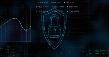 Mavi arka planda finansal ve borsa veri işlemesine karşı güvenlik kilidi simgesi. küresel finans ve siber güvenlik teknolojisi kavramı