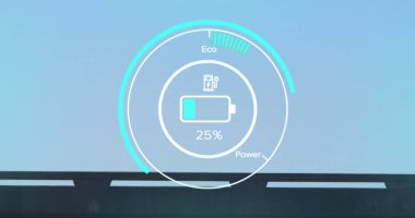 Elektrikli araç arayüzündeki yükleme durumu verisinin resmi. Ulaşım ve yakıt teknolojisi, mühendislik tasarımı ve dijital arayüz konsepti dijital olarak oluşturulmuş görüntü.